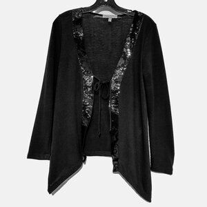 Dressy lightweight black knit long-in-front cardigan & wide Black sequin trim